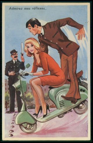Art Carriere Sexy Pinup Motorcycle Vespa Scooter Humor 1950s Postcard A