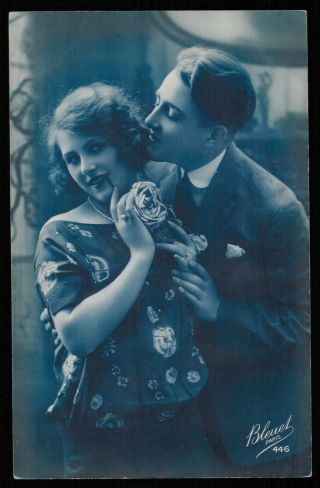 Deco Photo Postcard 1920s Couple Flapper Pearl Ring Necklace Rose Love