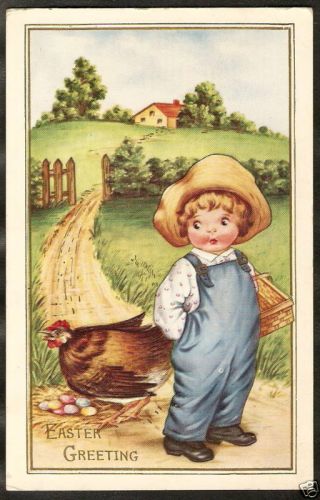 Old Postcard Easter Chicken Farm Child Elmwood Oh 1914