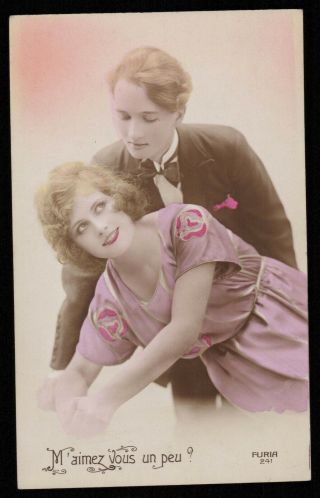 Deco Photo Postcard 1920s Couple Flapper Lady I Love You A Little Bit