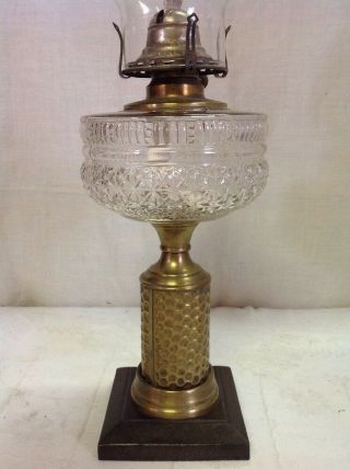 Vintage Antique Pedestal Oil Lamp Cast Iron Base Brass Spacers & Chimney