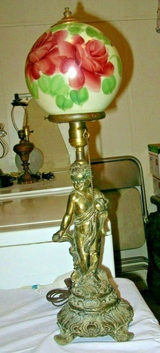 Vintage Mid Century Hollywood Regency Gilt Cherub Lamp Floral Glass Ball Shade