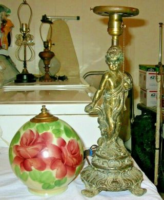 Vintage Mid Century Hollywood Regency Gilt Cherub Lamp Floral Glass Ball Shade 3