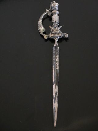 Vtg Antique Sword Dagger Letter Opener Silver Etched Crest Warrior Centurion
