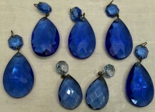 7 - Vtg Blue Sapphire Glass Teardrop Crystals 2 Sizes W/blue Prism At Top