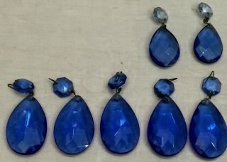 7 - VTG BLUE SAPPHIRE GLASS TEARDROP CRYSTALS 2 SIZES w/BLUE PRISM AT TOP 2