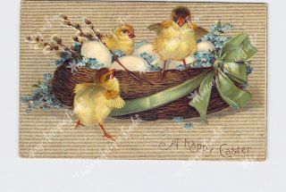 Ppc Postcard Happy Easter Chicks In Nest With Eggs Flowers Green Ribbon Embossed