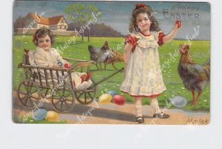 Ppc Postcard Happy Easter Girls In Wagon With Eggs And Chickens Embossed