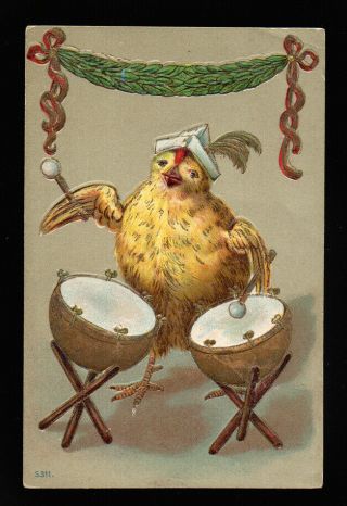 Old Embossed Easter Postcard Anthropomorphic Chick Plays Conga Drums