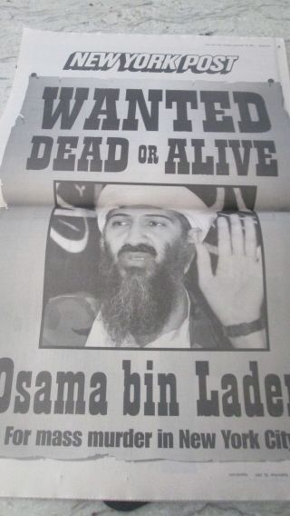 Newe York Post - September18,  2001 - Bin Laden Wanted Dead Or Alive W/ Large Poster