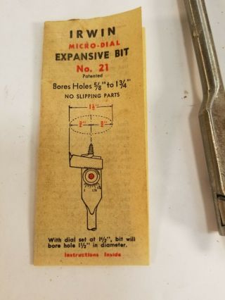 Vintage IRWIN Micro - Dial Expansive Bit No.  21 Small Bores 5/8 