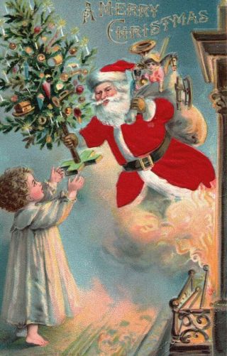 Silk Santa Claus Brings A Christmas Tree Holly & Toys Christmas Postcard -