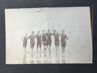 Antique Photo Group Of Boys Swimming At Beach Wearing Maillot Style Bathing Suit
