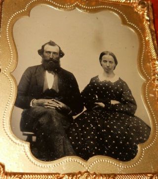 Antique 1/6th Plate Tintype Photo Of Couple In A Brass Frame