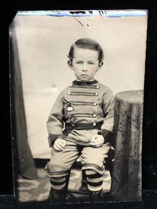 Antique Civil War Era Tintype Photo Of A Boy In Uniform Sixth Plate