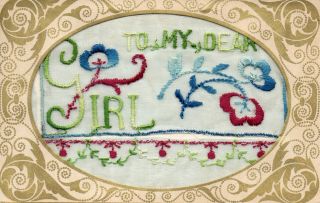 Art Deco Style Embroidered Silk Postcard: To My Dear Girl