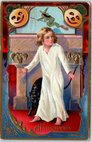Vintage Halloween Postcard Girl / White Gown Black Cat Fireplace Nash Series 5
