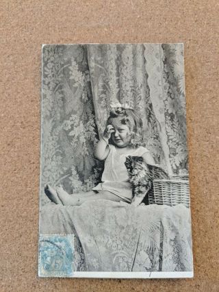 Vintage Greeting Postcard.  Portrait.  2 B/w Postcards Of Young Girl And A Cat.