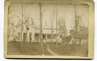 C1883 Cab Card Of House W People Outside,  Boy On Wooden Rocking Horse