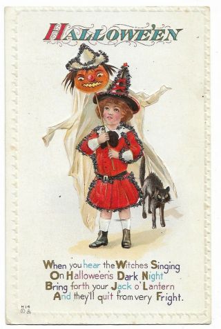 Antique Halloween Postcard Glitter Witch Girl Jack O Lantern Ghost Black Cat