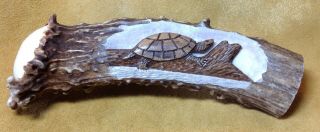 Carved Antler Knife Handle/walking Stick Topper Turtle On Log Large 6 1/4 ".