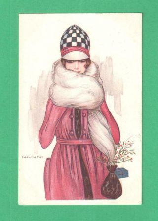 1920 Nanni Art Deco Christmas Postcard Fashionable Lady Purse Holly Gift
