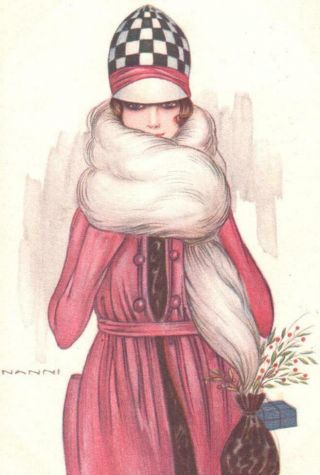 1920 NANNI ART DECO CHRISTMAS POSTCARD FASHIONABLE LADY PURSE HOLLY GIFT 2