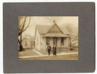 Large 1909 Mounted Photo Of A Midwest House With Two People On The Sidewalk