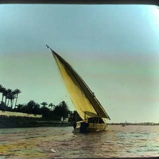 Magic Lantern Glass Slide Photo Egypt Boat In The Nile Dahabieh Color