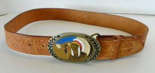 Boy Scout Ranch Philmont Cimarron Nm Leather Belt W/ 1983 Indian Buckle,  Sz 32