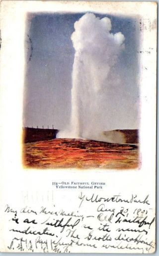 Yellowstone National Park Embossed Postcard Old Faithful Geyser 1905 Wyo Cancel