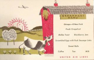 Vintage Aviation Postcard - United Airlines Breakfast Menu