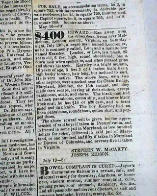 (2) Runaway Slaves W/ Descriptions Washington D.  C.  Advertisements 1839 Newspaper