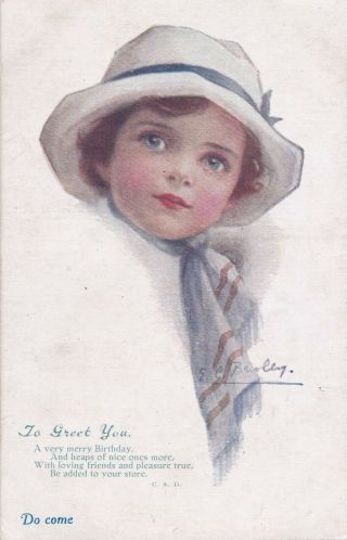 Ehel C Brisley Little Girl Wearing A White Hat With Blue Band & Scarf