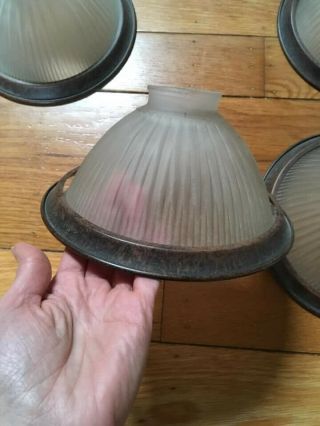Five Vintage Frosted Glass Lamp Shades With Brushed Metal Rings,  Standard Size