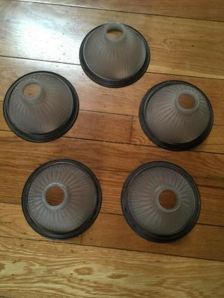 Five Vintage Frosted Glass Lamp Shades with Brushed Metal Rings,  Standard Size 3