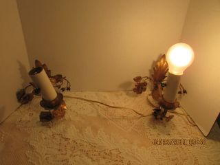 Vintage Italian WALL LAMP SCONCES Gold Metal Flowers Leaves 3