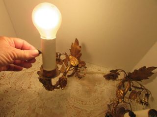 Vintage Italian WALL LAMP SCONCES Gold Metal Flowers Leaves 4