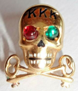 Vintage Tri Kappa Kappa Kappa Sorority 10k Gold Skull & Keys Pin Red Green Eyes