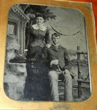 Antique 1/6th Plate Tintype Photo Of Young Couple In Brass Frame