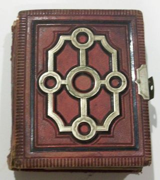 Antique Red Leather Tooled Metal Accent Photo Album Book 1800’s? W/ Clasp