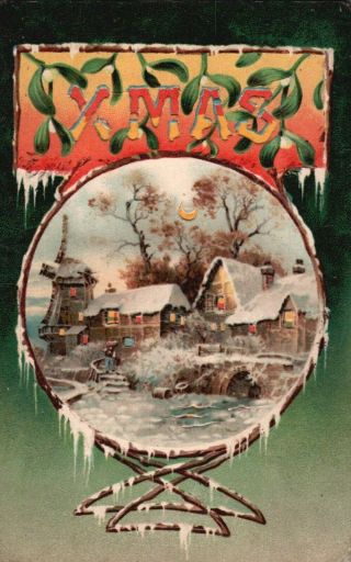 Christmas Postcard - Hold To The Light " Christmas Village - Windmill - Lake - " X - Mas "