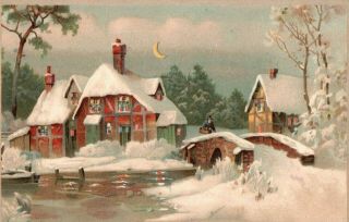 Christmas Postcard - Hold To The Light - Christmas Farm Town Scene Neighborhood