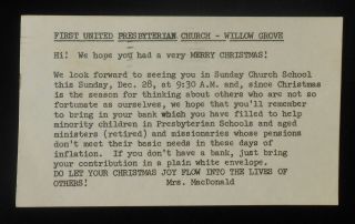 1975 Rare Postal Card Sunday School United Presbyterian Church Willow Grove Pa