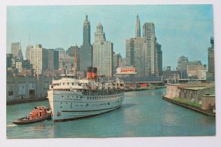 Postcard S.  S.  North American,  The Georgian Bay Line In Chicago River,  Chicago Il