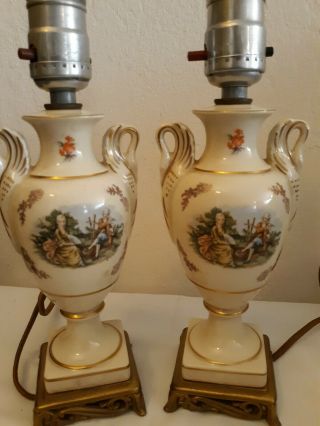 2 Vintage Porcelain And Brass Urn Style Victorian Courting Scene Table Lamps