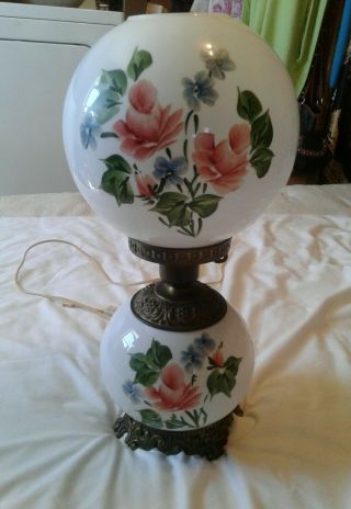 Vintage Round Globes Hurricane Parlor Lamp Hand Painted Flowers For Repair