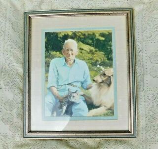 Antique Framed Photo Colorized Of Older Man Collie Dog And Tabby Cat