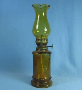 Mini Oil Lamp Vintage Amber Glass Ruffled Chimney Hong Kong Burner
