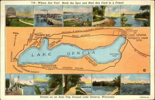 Auto Trip Map Around Lake Geneva Wisconsin Steamboat 1940s Linen Postcard